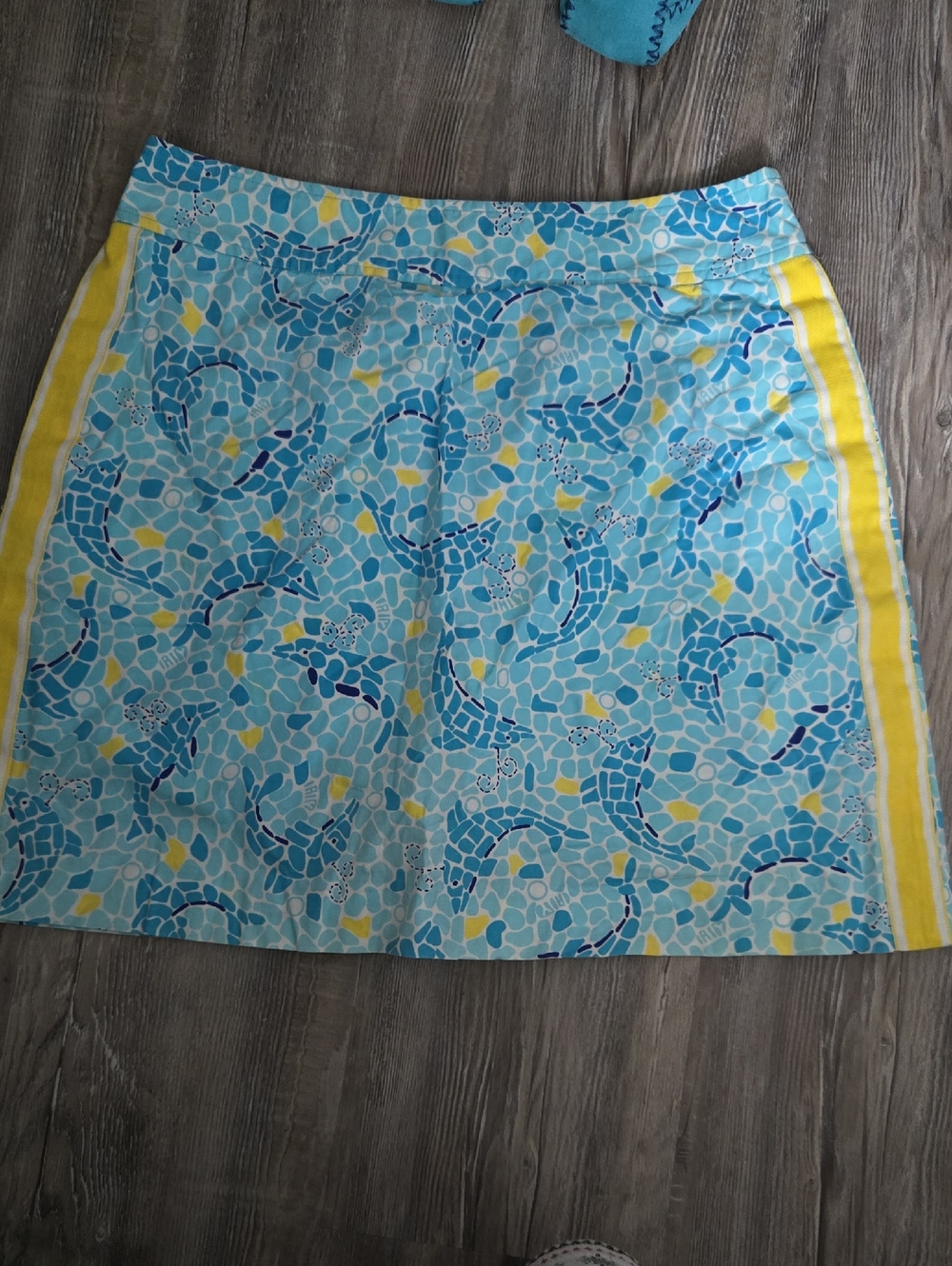 Lilly Pulitzer Blue Mosaic Print A-Line Skirt with Yellow Stripes